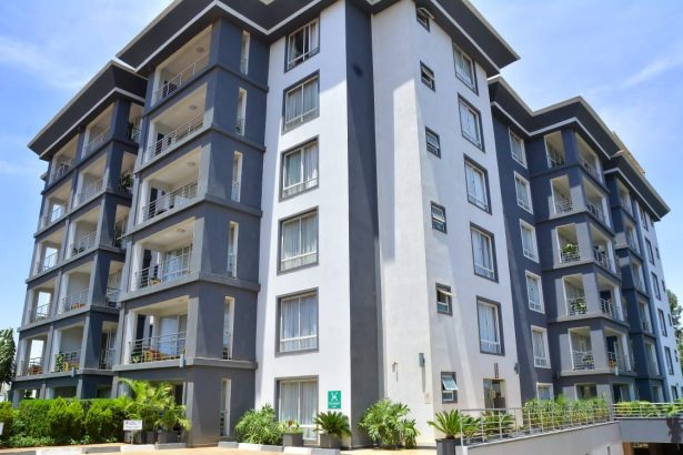 Modern exterior view of The Moon Serenity - Lymack Suites furnished apartments in Fourways, Nairobi with landscaped courtyard and apartment balconies.