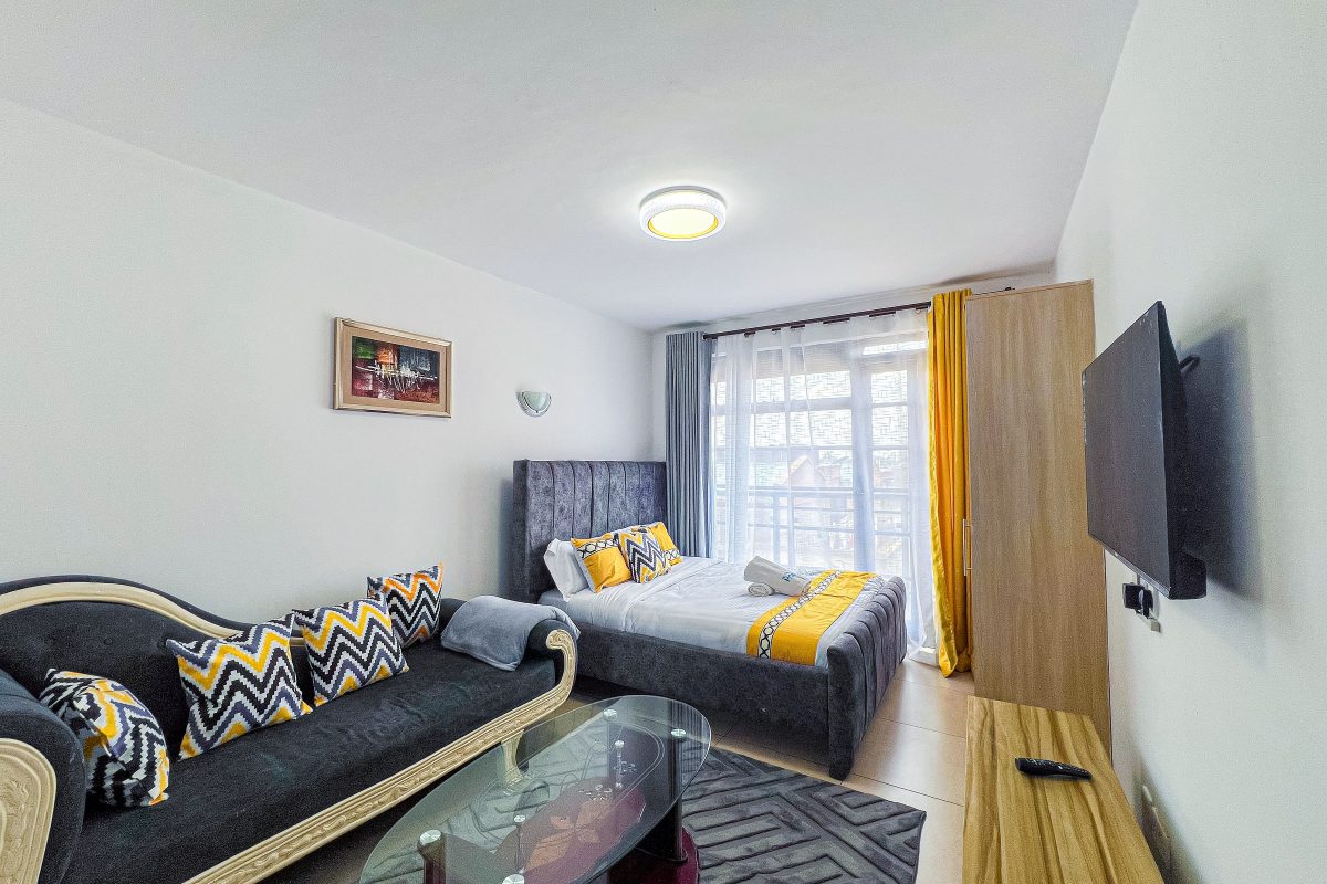 TV area overview in studio furnished apartment in Ruaka at The Moon Serenity