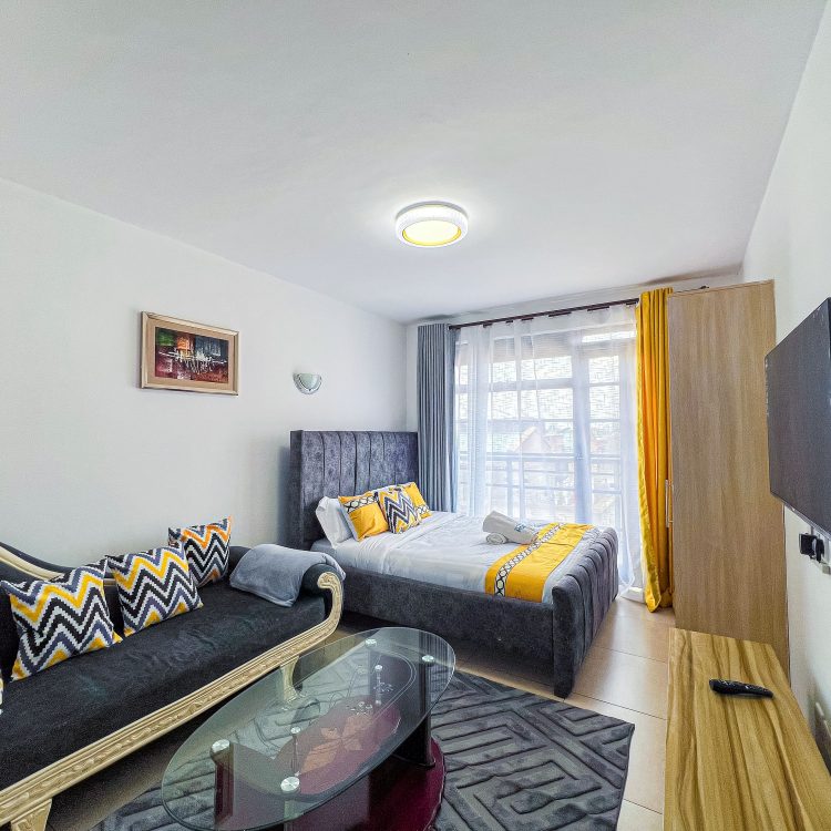 TV area overview in furnished studio apartment in Ruaka at The Moon Serenity