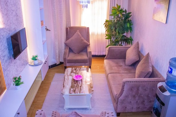 Spacious modern living room at The Moon Serenity Furnished Apartments Thindigua Branch at Kalwani Park featuring elegant furniture, natural lighting, and executive furnished apartment décor near Kiambu Road.