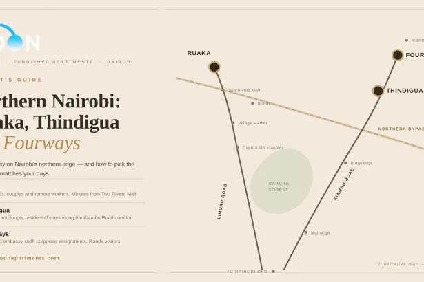 Map showing The Moon Serenity furnished apartment locations in Ruaka, Thindigua and Fourways, Northern Nairobi