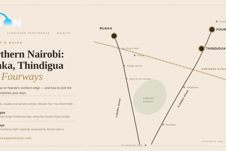 Map showing The Moon Serenity furnished apartment locations in Ruaka, Thindigua and Fourways, Northern Nairobi