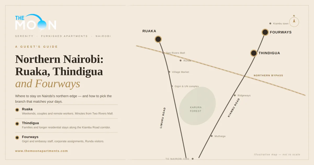 Map showing The Moon Serenity furnished apartment locations in Ruaka, Thindigua and Fourways, Northern Nairobi